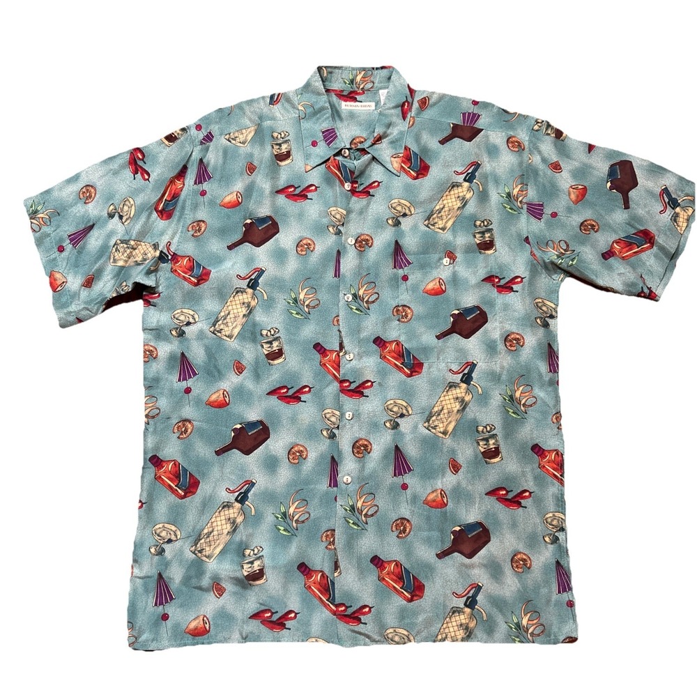 Vintage 90s Burma Bibas 100% Silk Art Print‎ Camp Shirt Party Men's L Blue